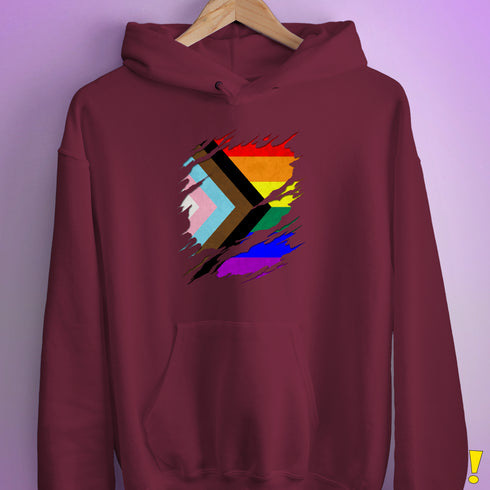 LGBTQ Progress Pride Flag Ripped Reveal Hoodie - Maroon